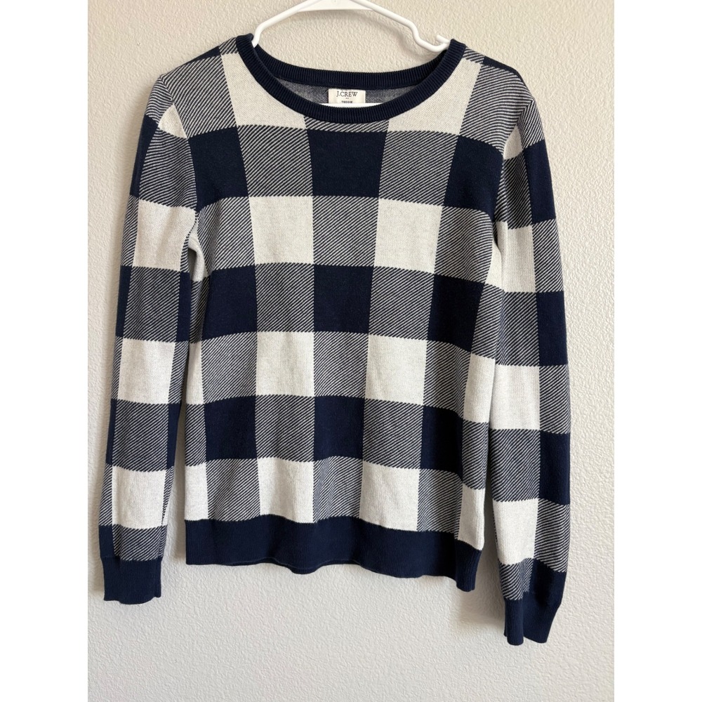 J.Crew Teddie Sweater Womens Small Navy Blue White Buffalo Check Plaid Cotton